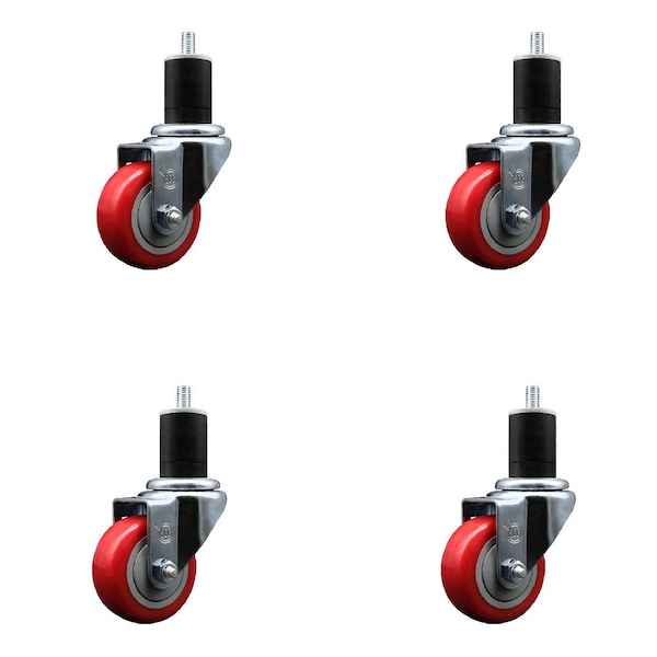 3'' SS Red Poly Wheel Swivel 1-3/4'' Expanding Stem Caster Set, 4PK